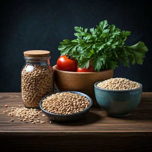 Organic grains and fresh produce still life